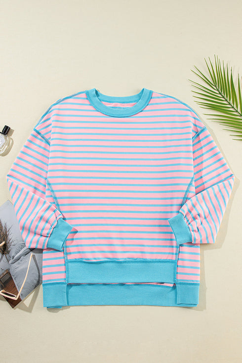 Slouchy Striped Exposed Seam Oversized Pullover Sweatshirt