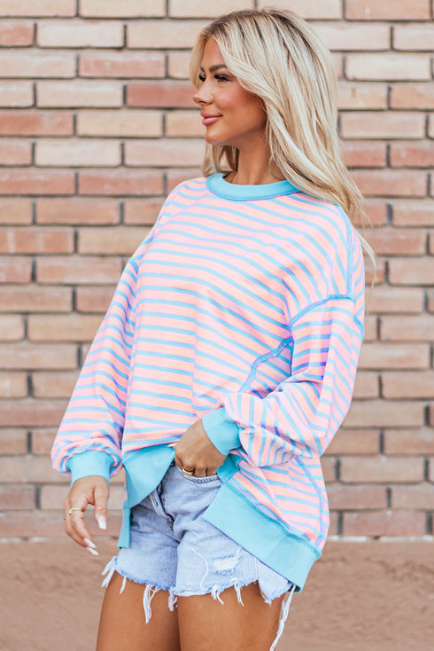Slouchy Striped Exposed Seam Oversized Pullover Sweatshirt