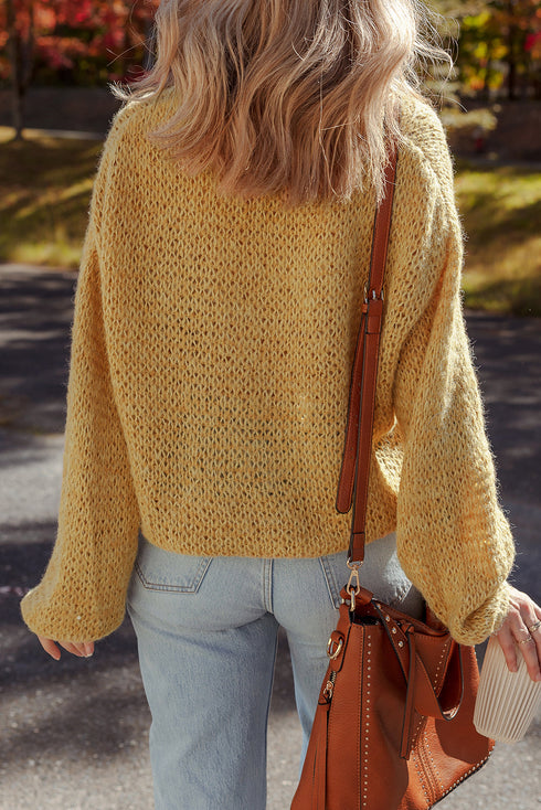 Slouchy Textured Open Knit Button Front Balloon Sleeve Cardigan