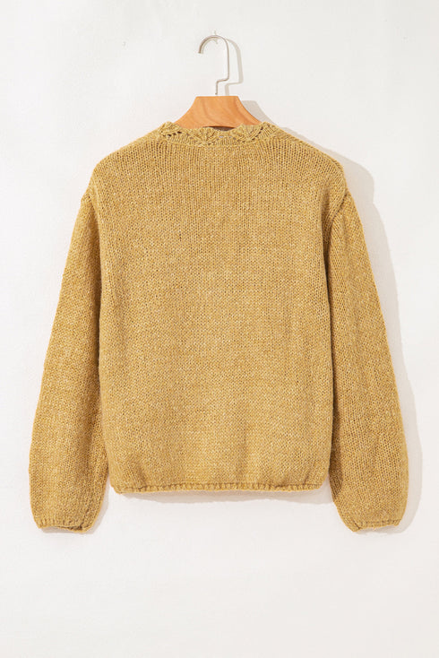 Slouchy Textured Open Knit Button Front Balloon Sleeve Cardigan