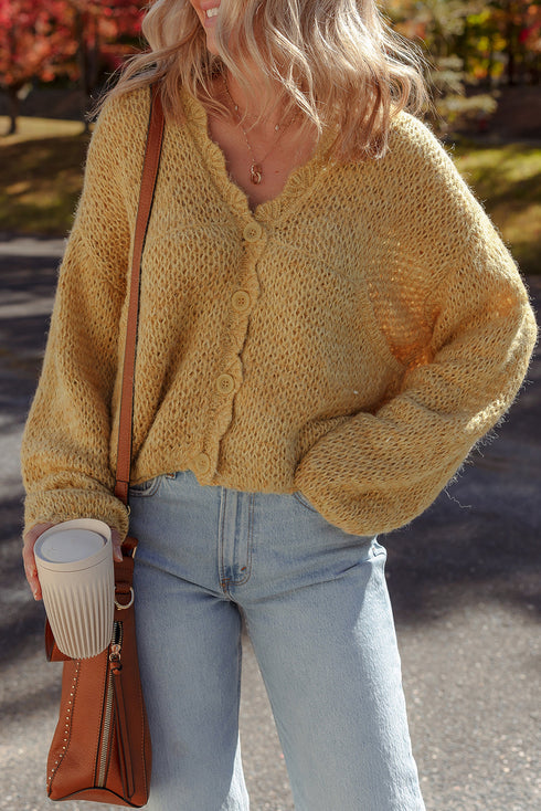 Slouchy Textured Open Knit Button Front Balloon Sleeve Cardigan