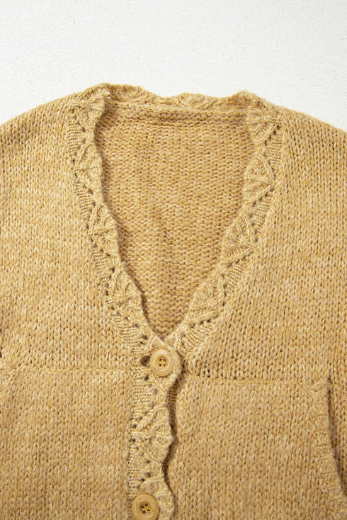 Slouchy Textured Open Knit Button Front Balloon Sleeve Cardigan
