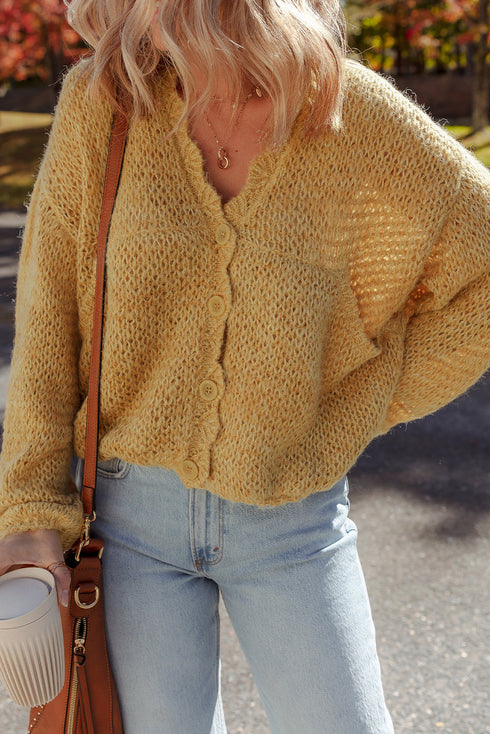 Slouchy Textured Open Knit Button Front Balloon Sleeve Cardigan