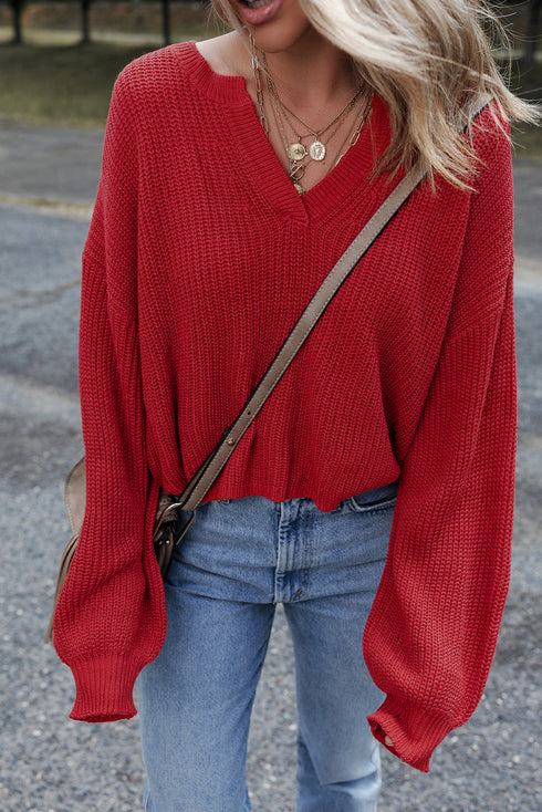 Slouchy V Neck Drop Shoulder Texture Knit Sweater
