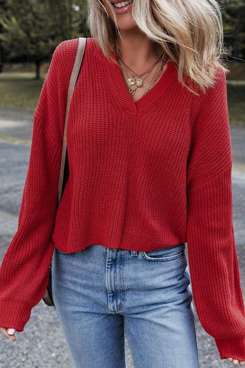Slouchy V Neck Drop Shoulder Texture Knit Sweater