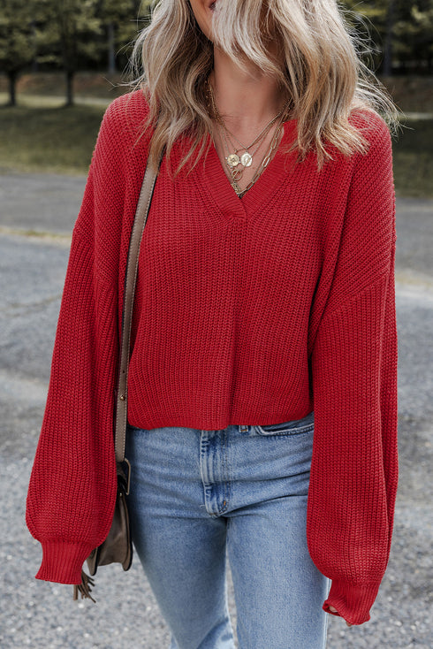 Slouchy V Neck Drop Shoulder Texture Knit Sweater