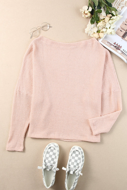 Slouchy Waffle Knit Off The Shoulder Dolman Sleeve Pullover Tunic Top