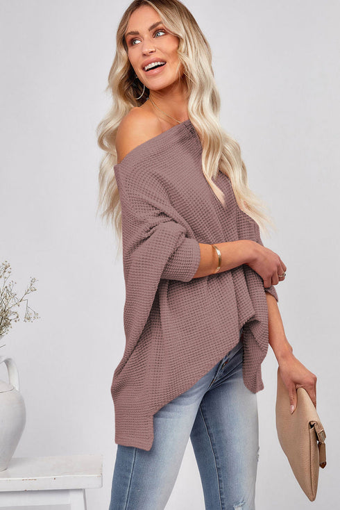 Slouchy Waffle Knit Off The Shoulder Dolman Sleeve Pullover Tunic Top