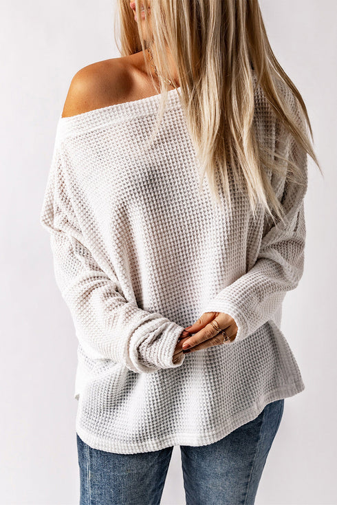 Slouchy Waffle Knit Off The Shoulder Dolman Sleeve Pullover Tunic Top