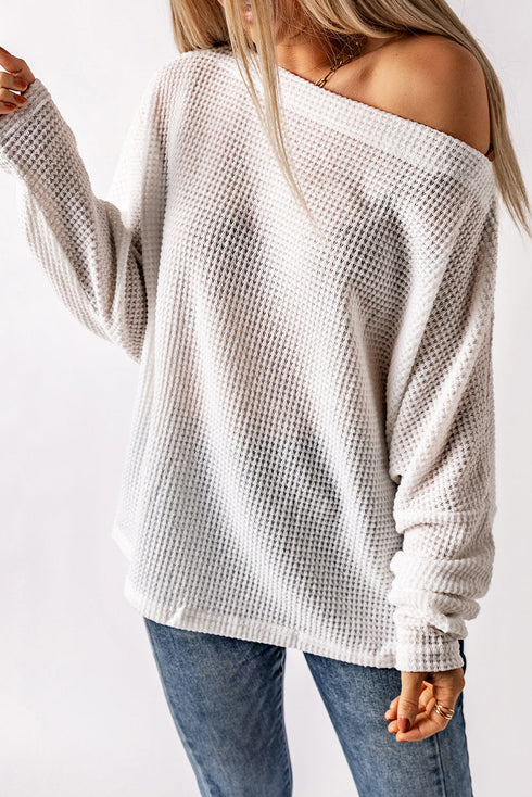 Slouchy Waffle Knit Off The Shoulder Dolman Sleeve Pullover Tunic Top