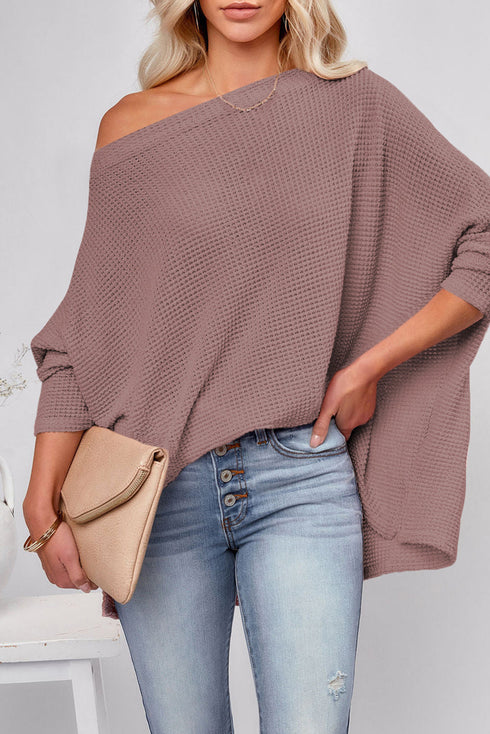 Slouchy Waffle Knit Off The Shoulder Dolman Sleeve Pullover Tunic Top