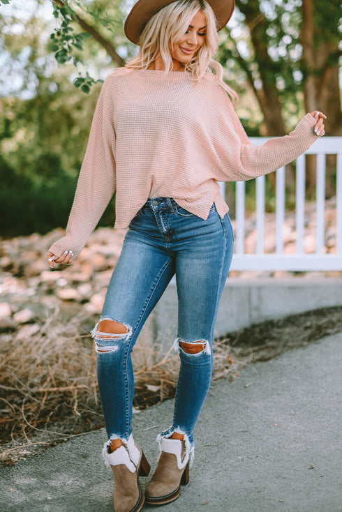 Slouchy Waffle Knit Off The Shoulder Dolman Sleeve Pullover Tunic Top