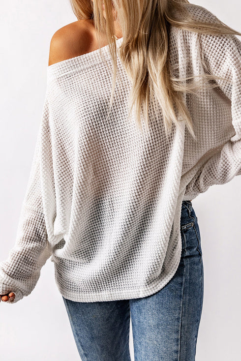 Slouchy Waffle Knit Off The Shoulder Dolman Sleeve Pullover Tunic Top
