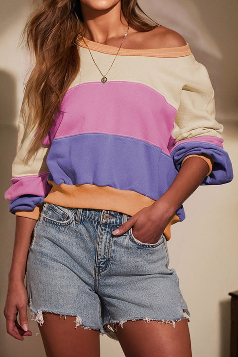 Slouchy Wide Neck Exposed Stitch Paneled Pullover
