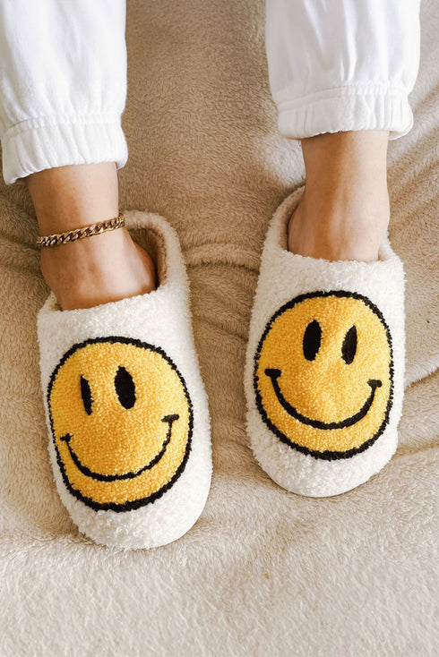 Smile Face Print Non Slip Fuzzy Fleece Slippers
