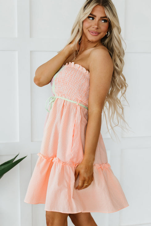 Smocked Bodice Button Front Striped Mini Dress