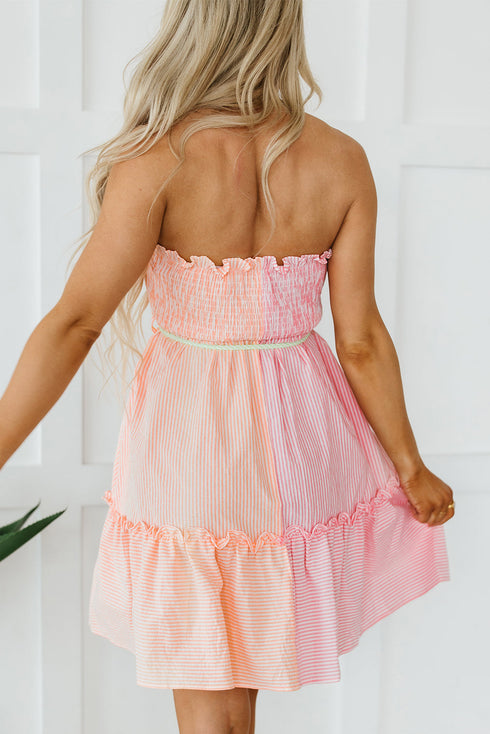Smocked Bodice Button Front Striped Mini Dress