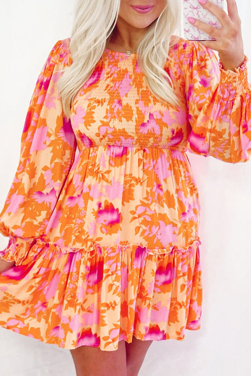 Smocked Bodice Floral Long Sleeve Tiered Mini Dress