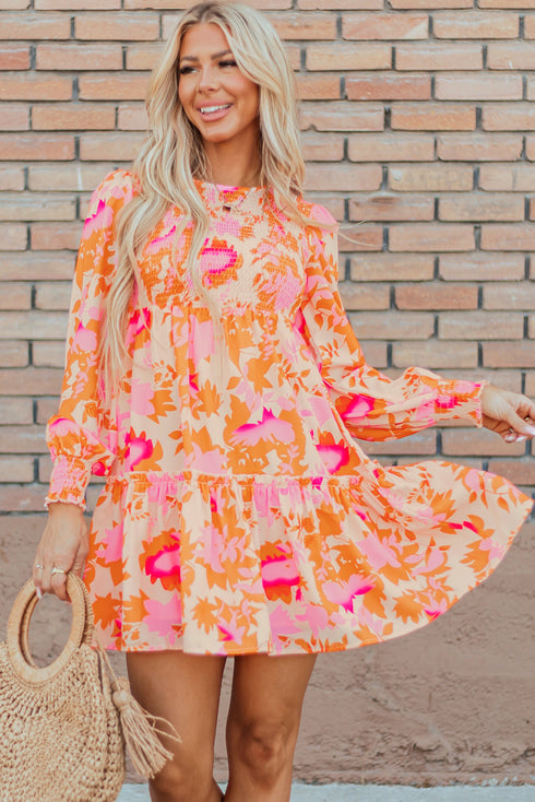Smocked Bodice Floral Long Sleeve Tiered Mini Dress