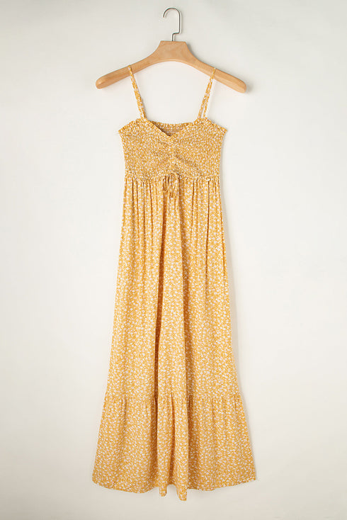 Smocked Bodice Floral Print Tie Front Maxi Dress