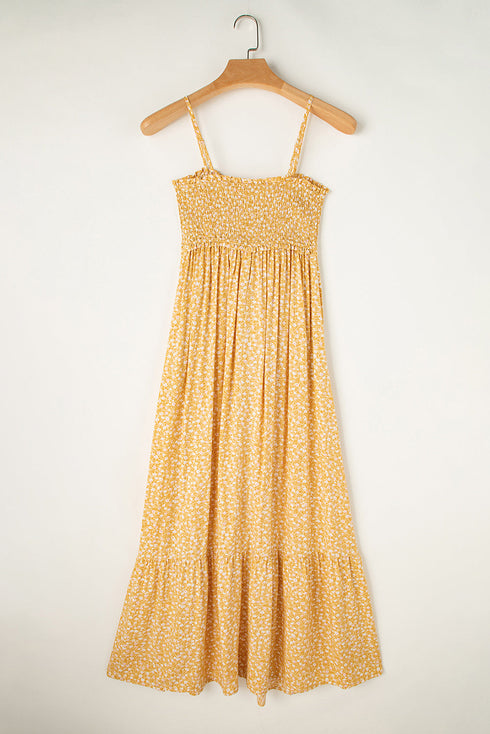 Smocked Bodice Floral Print Tie Front Maxi Dress