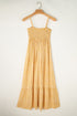 Smocked Bodice Floral Print Tie Front Maxi Dress