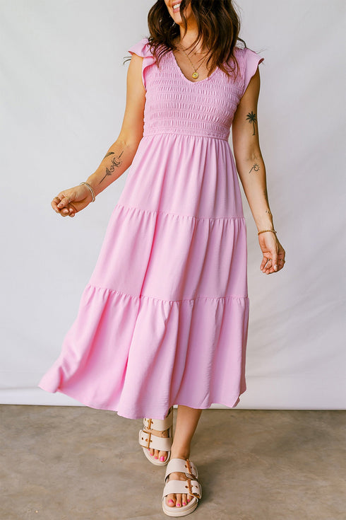 Smocked Bodice Flutter Sleeve Tiered A Line Midi Dress