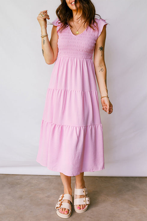 Smocked Bodice Flutter Sleeve Tiered A Line Midi Dress