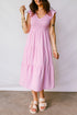 Smocked Bodice Flutter Sleeve Tiered A Line Midi Dress
