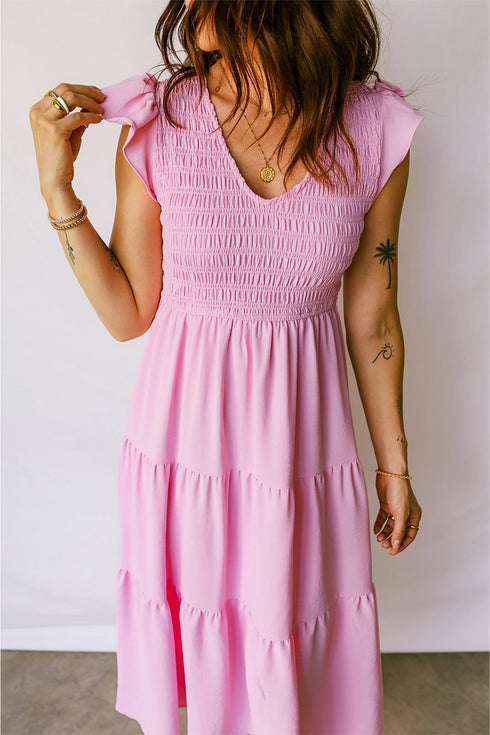 Smocked Bodice Flutter Sleeve Tiered A Line Midi Dress