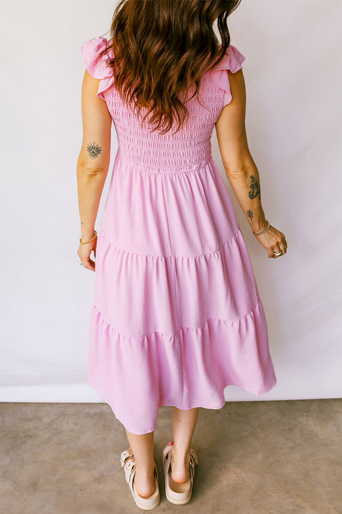 Smocked Bodice Flutter Sleeve Tiered A Line Midi Dress