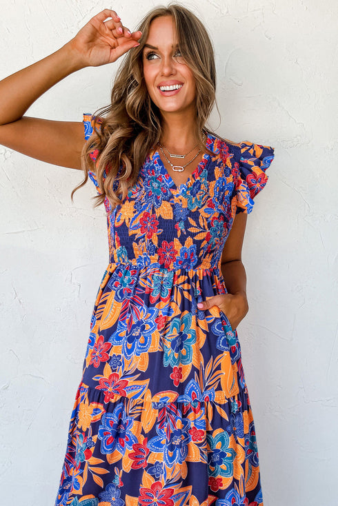 Smocked Bodice Flutter Sleeve Tiered Floral Maxi Dress