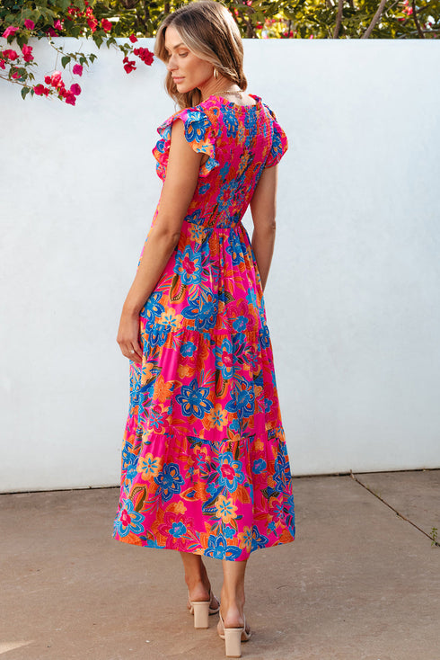 Smocked Bodice Flutter Sleeve Tiered Floral Maxi Dress