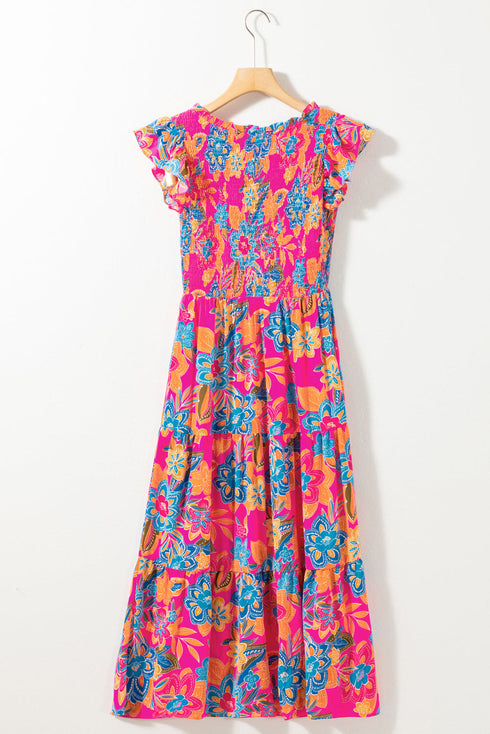 Smocked Bodice Flutter Sleeve Tiered Floral Maxi Dress