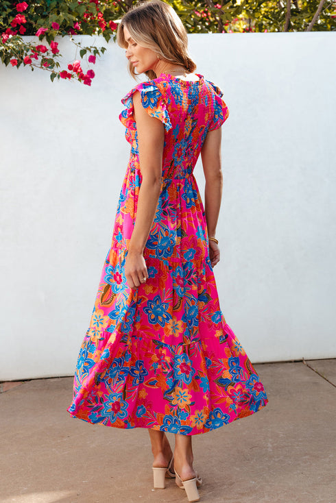 Smocked Bodice Flutter Sleeve Tiered Floral Maxi Dress