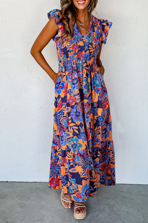 Smocked Bodice Flutter Sleeve Tiered Floral Maxi Dress