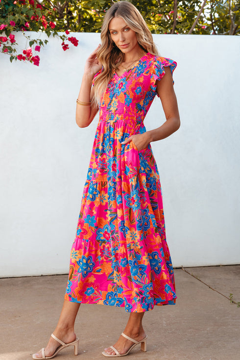 Smocked Bodice Flutter Sleeve Tiered Floral Maxi Dress
