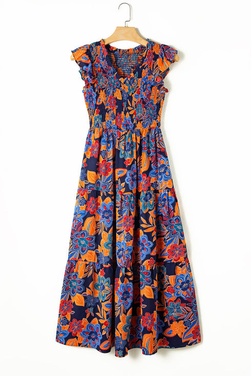 Smocked Bodice Flutter Sleeve Tiered Floral Maxi Dress