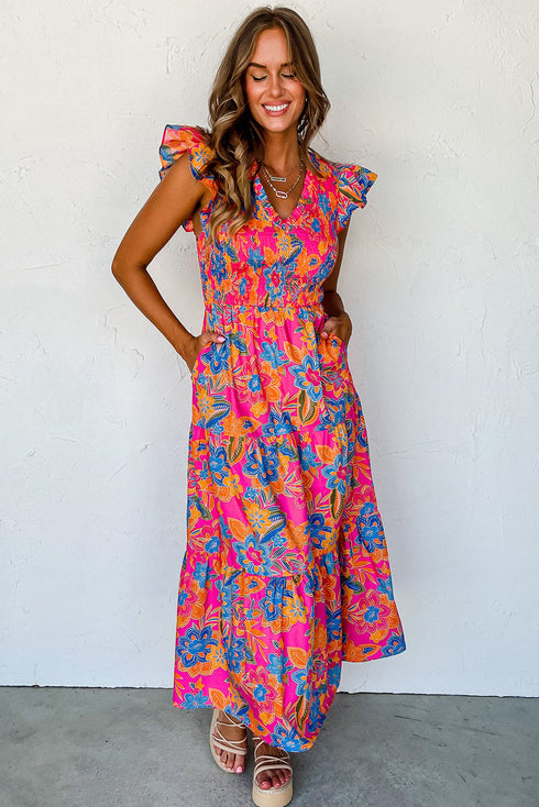 Smocked Bodice Flutter Sleeve Tiered Floral Maxi Dress