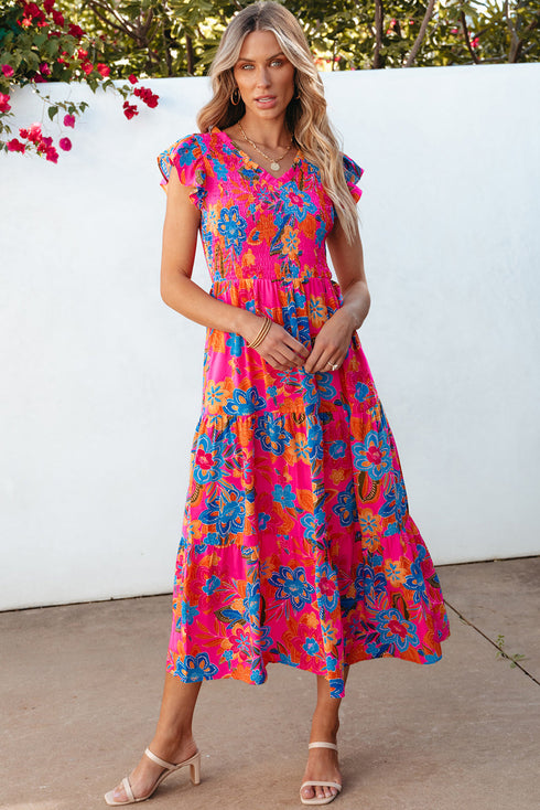 Smocked Bodice Flutter Sleeve Tiered Floral Maxi Dress