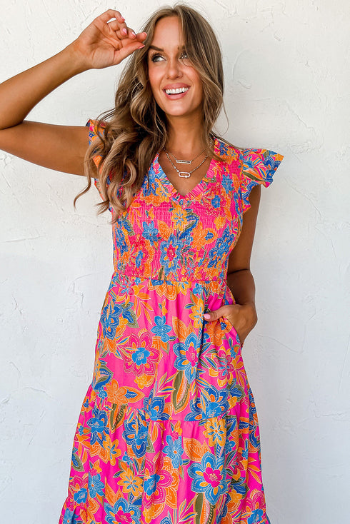Smocked Bodice Flutter Sleeve Tiered Floral Maxi Dress