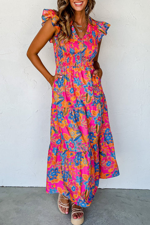 Smocked Bodice Flutter Sleeve Tiered Floral Maxi Dress