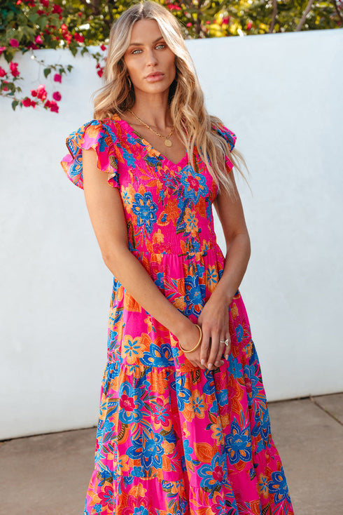 Smocked Bodice Flutter Sleeve Tiered Floral Maxi Dress