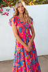 Smocked Bodice Flutter Sleeve Tiered Floral Maxi Dress