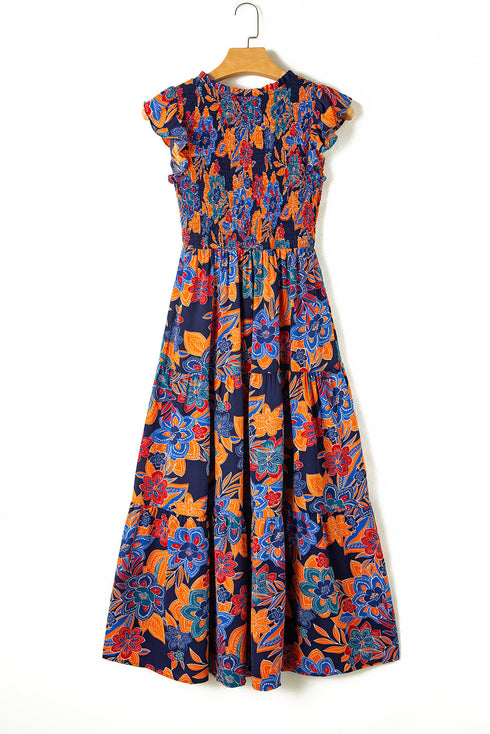 Smocked Bodice Flutter Sleeve Tiered Floral Maxi Dress