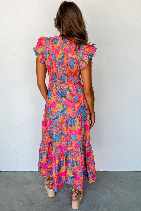 Smocked Bodice Flutter Sleeve Tiered Floral Maxi Dress
