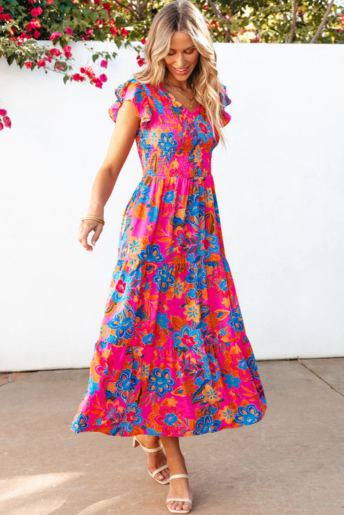 Smocked Bodice Flutter Sleeve Tiered Floral Maxi Dress