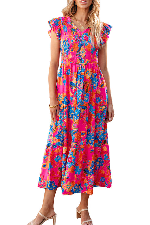 Smocked Bodice Flutter Sleeve Tiered Floral Maxi Dress