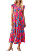 Smocked Bodice Flutter Sleeve Tiered Floral Maxi Dress
