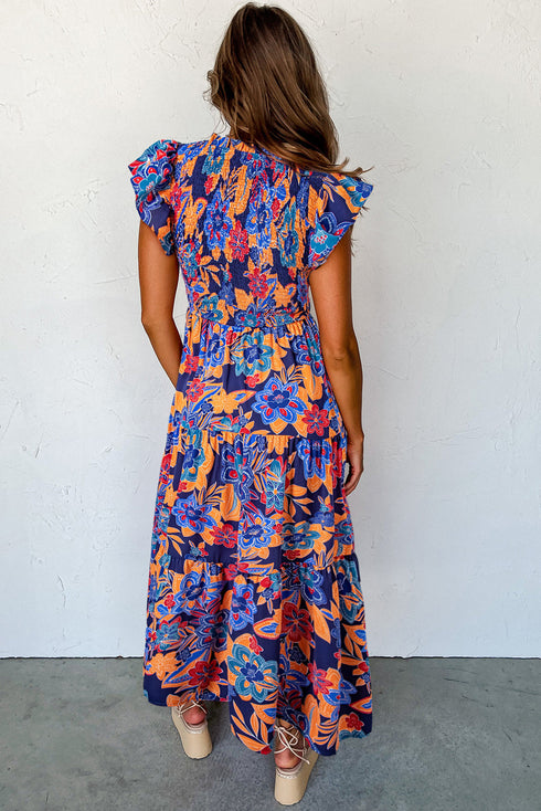 Smocked Bodice Flutter Sleeve Tiered Floral Maxi Dress